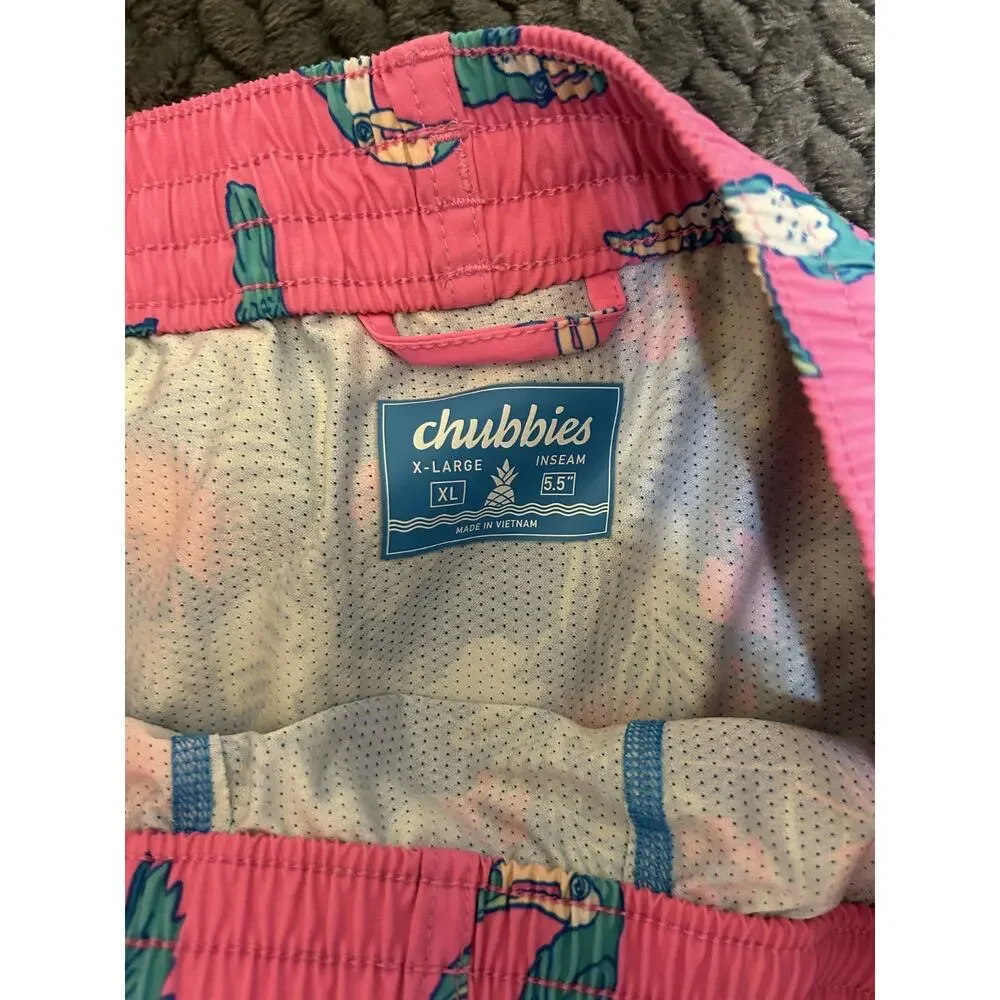 Chubbies Swim Trunks Men's XL Pink Toucan Print Mesh Lined Surfing Drawstring